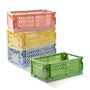 Xhwykzz 4 Pack Pastel Crates for Storage, Plastic Folding Basket, Colorful Small Storage Containers ...
