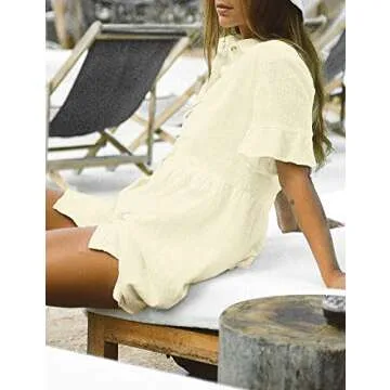 ROYLAMP 2024 Women's Cute Tunic Dress Bell Sleeve Split Hem Button up Flowy Summer Collared Mini Dresses with Pockets