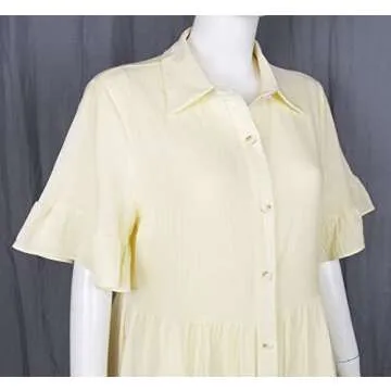 ROYLAMP 2024 Women's Cute Tunic Dress Bell Sleeve Split Hem Button up Flowy Summer Collared Mini Dresses with Pockets