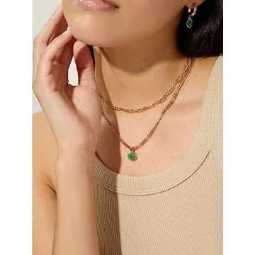Moonffay Sage Green Jewelry Set for Women,Stainless Steel Paperclip Choker Chain Plated 18k Gold Jewerly Set,Natural Stone Pendant Necklace And Earrings Set Spiritual Jewelry