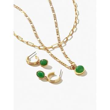 Moonffay Sage Green Jewelry Set for Women,Stainless Steel Paperclip Choker Chain Plated 18k Gold Jewerly Set,Natural Stone Pendant Necklace And Earrings Set Spiritual Jewelry