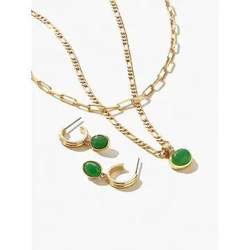 Moonffay Sage Green Jewelry Set for Women,Stainless Steel Paperclip Choker Chain Plated 18k Gold Jewerly Set,Natural Stone Pendant Necklace And Earrings Set Spiritual Jewelry