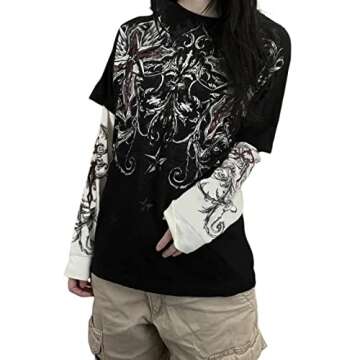 Fanvereka Women Fall Vintage Graphic Loose Top Crewneck Long Sleeve Fake Two-Piece Gothic Grunge Shirts 90s E Girl Streetwear (#1 Black, S)
