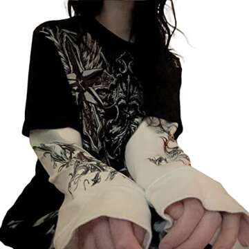 Fanvereka Women Fall Vintage Graphic Loose Top Crewneck Long Sleeve Fake Two-Piece Gothic Grunge Shirts 90s E Girl Streetwear (#1 Black, S)