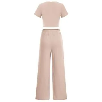 BTFBM Women Summer 2024 Two Piece Casual Outfits Lounge Set Ribbed Knit Bodycon Crop Top Long Pants Tracksuits Sweatsuit(Short Apricot, Medium)
