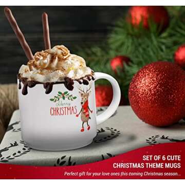 Bruntmor Ceramic Christmas Mug Set of 6 - Non-Toxic & Lead-Free Coffee Mugs with Festive Holiday Des...