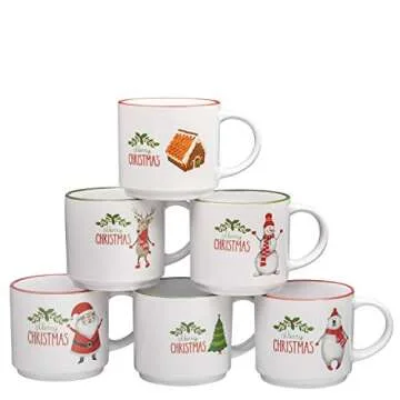 Bruntmor Ceramic Christmas Mug Set of 6 - Non-Toxic & Lead-Free Coffee Mugs with Festive Holiday Designs - Reusable Cup for Tea and Coffee - 14oz