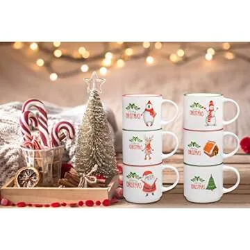 Bruntmor Ceramic Christmas Mug Set of 6 - Non-Toxic & Lead-Free Coffee Mugs with Festive Holiday Designs - Reusable Cup for Tea and Coffee - 14oz