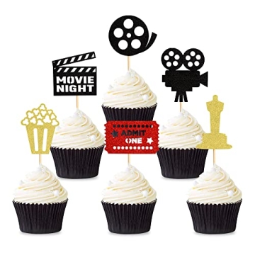 Ercadio 36 Pack Glitter Movie Cupcake Toppers for Themed Celebrations