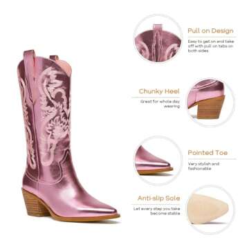 RKQ Women's Pink Sparkle Metallic Mid Calf Cowboy Boots Glitter Wide-calf Embroidered Cowgirl Boots ...