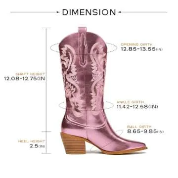 RKQ Women's Pink Sparkle Metallic Mid Calf Cowboy Boots Glitter Wide-calf Embroidered Cowgirl Boots Western Booties Pointed Toe Chunky Block Heel Pull On Tabs classic sexy party Boots 7
