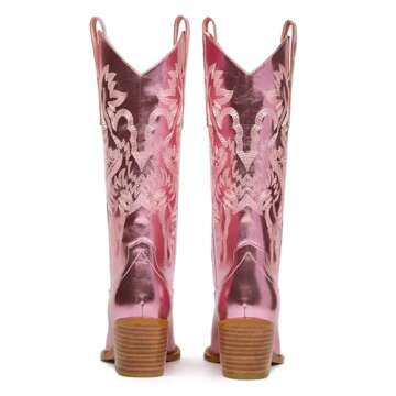 RKQ Women's Pink Sparkle Metallic Mid Calf Cowboy Boots Glitter Wide-calf Embroidered Cowgirl Boots Western Booties Pointed Toe Chunky Block Heel Pull On Tabs classic sexy party Boots 7