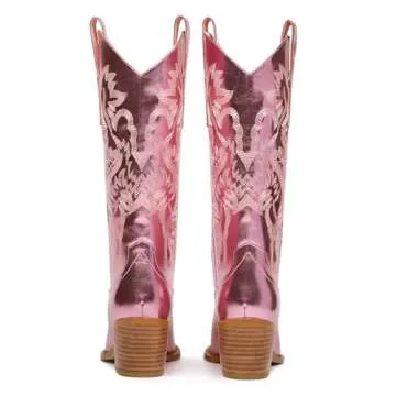 RKQ Women's Pink Sparkle Metallic Mid Calf Cowboy Boots Glitter Wide-calf Embroidered Cowgirl Boots Western Booties Pointed Toe Chunky Block Heel Pull On Tabs classic sexy party Boots 7