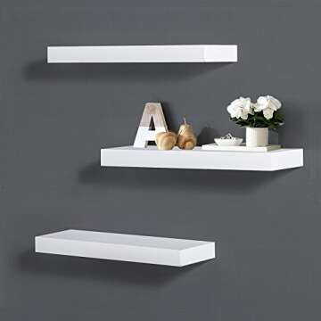 AHDECOR White Floating Shelves, Wall Mounted Modern Shelves Decorative for Home & Office Decor, Ideal for Bedroom, Kitchen, Living Room, Set of 3