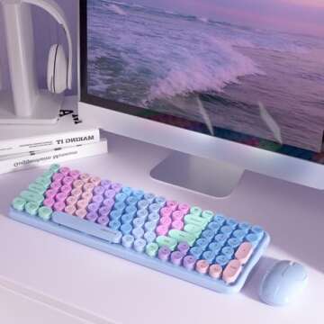 Wireless Keyboards and Mouse Combos, UBOTIE Colorful Gradient Rainbow Colored Retro Typewriter Flexible Keyboard, 2.4GHz Connection and Optical Mouse