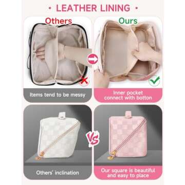 Cessfle Large Capacity Travel Cosmetic Bag, Travel Makeup Bag, Checkered Makeup Bag Open Flat Toiletry Bag Leather Waterproof Flat Lay Makeup Organizer Bag with Handle and Divider for Women…