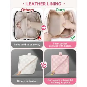 Cessfle Large Capacity Travel Cosmetic Bag, Travel Makeup Bag, Checkered Makeup Bag Open Flat Toiletry Bag Leather Waterproof Flat Lay Makeup Organizer Bag with Handle and Divider for Women…