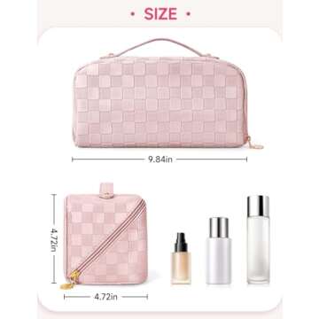 Cessfle Large Capacity Travel Cosmetic Bag, Travel Makeup Bag, Checkered Makeup Bag Open Flat Toiletry Bag Leather Waterproof Flat Lay Makeup Organizer Bag with Handle and Divider for Women…