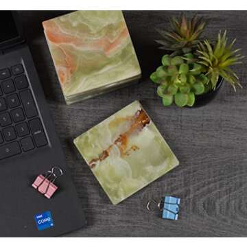 Radicaln Marble Coaster Plates Square 3.5" Inches Green Onyx Handmade Coaster Set of 6 for Kitchen Accessories Car Cup Coasters & Coaster for Drink Coaster Holder for Coffee Bar Accessories