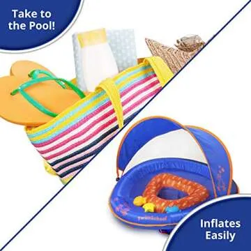 SwimSchool Deluxe Baby Float with Adjustable Canopy - 6-24 Months - Baby Swim Float with Splash & Play Activity Center Safety Seat - Blue/Orange