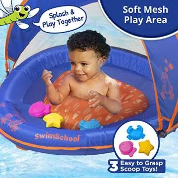 SwimSchool Deluxe Baby Float with Adjustable Canopy - 6-24 Months - Baby Swim Float with Splash & Play Activity Center Safety Seat - Blue/Orange