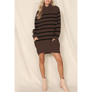 Pink Queen Oversized Turtleneck Sweaters for Women Tops Casual Winter Matching Short Sweater Dresses Outfits Brown M