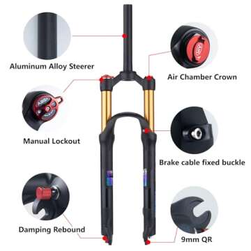 BOLANY 26/27.5/29 MTB Bike Air Suspension Fork Shock Absorber Rebound Adjustment 1 1/8 Straight Tube QR 9mm Travel 100mm Manual/Remote Locking Fit Mountain/Road Bike