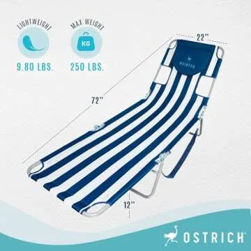 Ostrich Beach Lounge Chair, Folding & Reclining Outdoor Chaise Lounger, Blue/White Striped