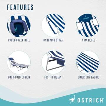 Ostrich Beach Lounge Chair, Folding & Reclining Outdoor Chaise Lounger, Blue/White Striped