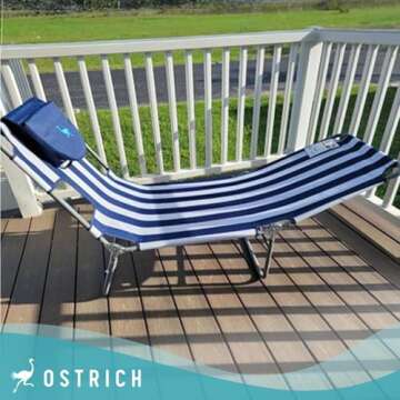 Ostrich Beach Lounge Chair, Folding & Reclining Outdoor Chaise Lounger, Blue/White Striped