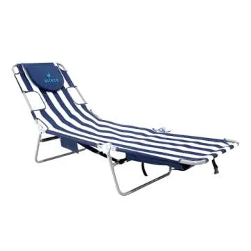 Ostrich Beach Lounge Chair, Folding & Reclining Outdoor Chaise Lounger, Blue/White Striped