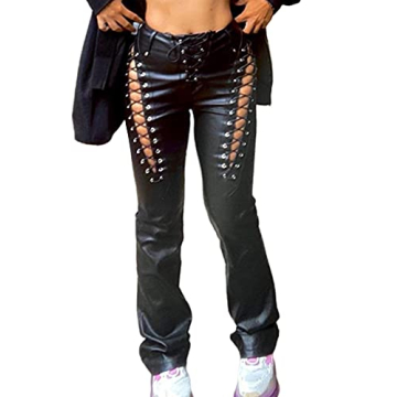 Stylish Lace Up PU Leather Pants for Women