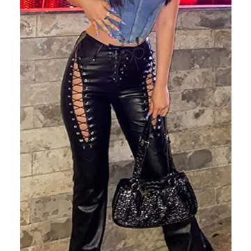Stylish Lace Up PU Leather Pants for Women