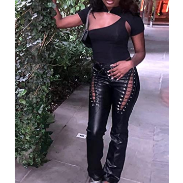 Stylish Lace Up PU Leather Pants for Women