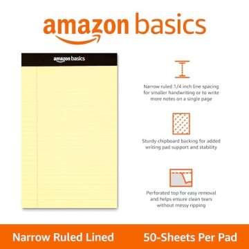 Amazon Basics Narrow Ruled Lined Writing Note Pad, 5 inch x 8 inch, Canary, 600 Count (12 Packs of 5...