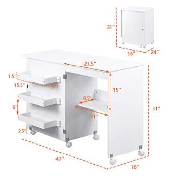 NSdirect Sewing Table, Folding Sewing Craft Cart&Sewing Cabinet Miscellaneous Sewing Kit Art Desk with Storage Shelves and Lockable Casters,(White)