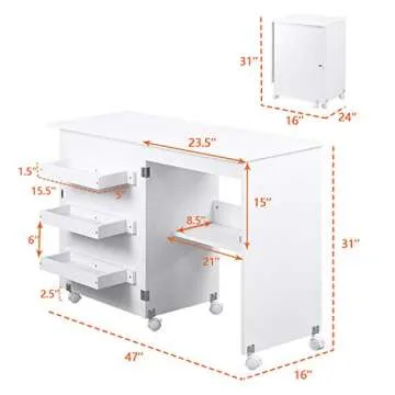 NSdirect Sewing Table, Folding Sewing Craft Cart&Sewing Cabinet Miscellaneous Sewing Kit Art Desk with Storage Shelves and Lockable Casters,(White)