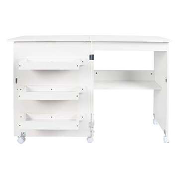 NSdirect Sewing Table, Folding Sewing Craft Cart&Sewing Cabinet Miscellaneous Sewing Kit Art Desk with Storage Shelves and Lockable Casters,(White)