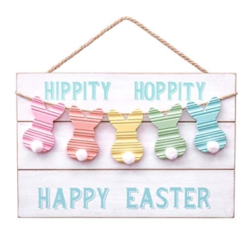 Valery Madelyn Happy Easter Wooden Hanging Signs for Front Door, Cute Rustic Farmhouse Bunny Sign Ea...