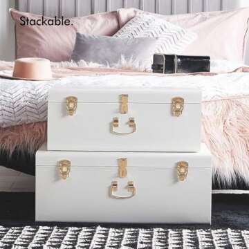 Zanzer White Trunks Set of 2 - Vintage Style Storage w/Gold Finish Handles & Locks - Space Saving Or...