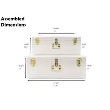 Zanzer White Trunks Set of 2 - Vintage Style Storage w/Gold Finish Handles & Locks - Space Saving Organizer Home Dorm & Office Use