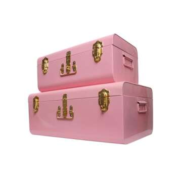 Zanzer White Trunks Set of 2 - Vintage Style Storage w/Gold Finish Handles & Locks - Space Saving Organizer Home Dorm & Office Use