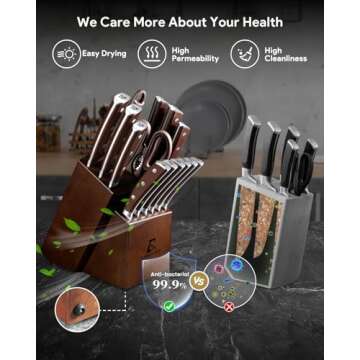 CoquusAid Knife Set, New 15° Beveled Easy Insert, 15 Pcs Kitchen Knife Block Set with Block and Sharpener, German Vacuum Oil Cooled Crafted, Countertop-Free Steak Knife Set, Stainless Steel Brown