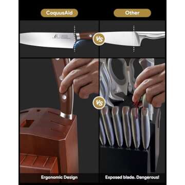 CoquusAid Knife Set, New 15° Beveled Easy Insert, 15 Pcs Kitchen Knife Block Set with Block and Sharpener, German Vacuum Oil Cooled Crafted, Countertop-Free Steak Knife Set, Stainless Steel Brown