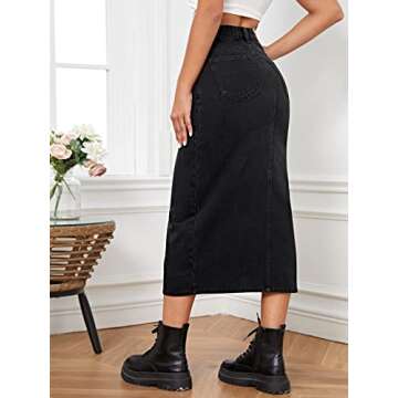 SweatyRocks Women's Casual High Waisted Denim Skirt Split Thigh Midi Jean Skirts with Pocket Black L
