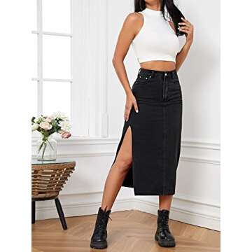 SweatyRocks Women's Casual High Waisted Denim Skirt Split Thigh Midi Jean Skirts with Pocket Black L