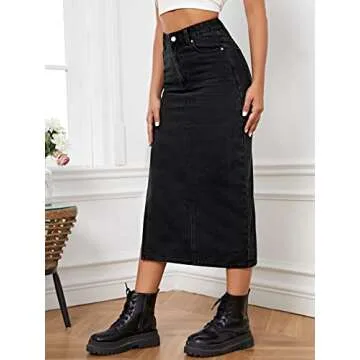 SweatyRocks Women's Casual High Waisted Denim Skirt Split Thigh Midi Jean Skirts with Pocket Black L