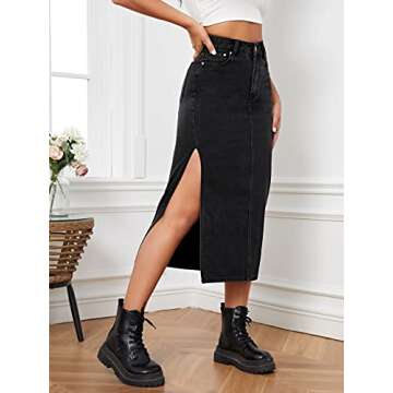 SweatyRocks Women's Casual High Waisted Denim Skirt Split Thigh Midi Jean Skirts with Pocket Black L