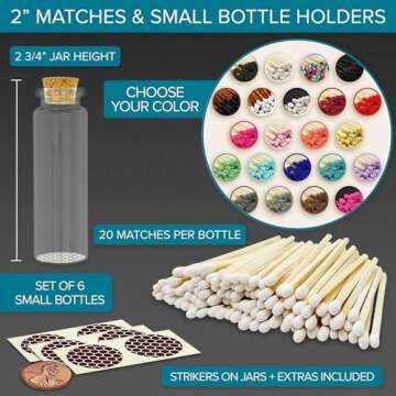 2" Matches in 6 Glass Bottles Cork Top, Striker Stickers Included | 120 Matchsticks Color of Your Ch...