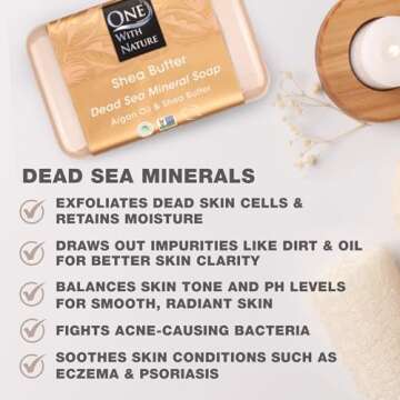 One With Nature Dead Sea Mineral Shea Butter Soap 7oz 3Pack with Argan Oil - Dead Sea Salt Contains Magnesium, Sulfur & 21 Essential Minerals for All Skin Types, Eczema, Psoriasis, Acne, 100% Natural